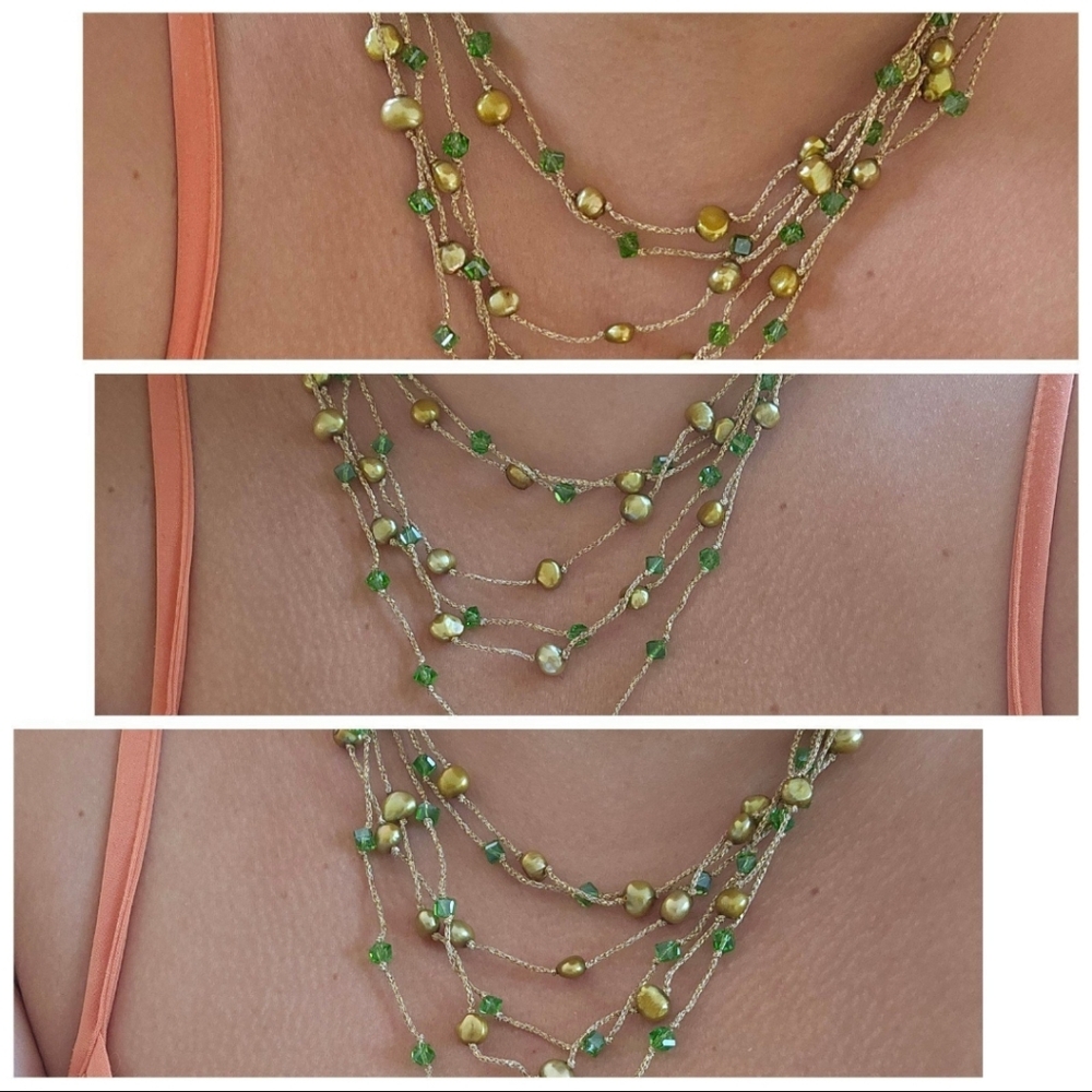 Multi-Strand Green Freshwater Pearl & Crystal Necklace – 18K Gold Plated 925
